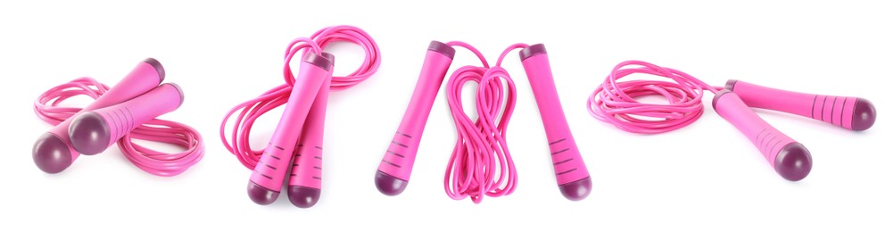Set with pink skipping ropes on white background. Banner design