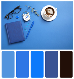 Flat lay composition inspired by color of the year 2020 (Classic blue) on bright background
