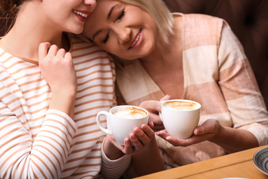 Mother and her adult daughter spending time together in cafe, closeup