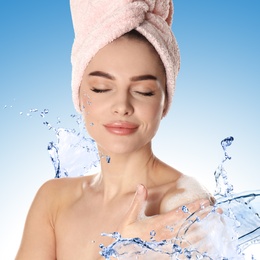 Image of Beautiful young woman and splashing water on color background. Spa portrait