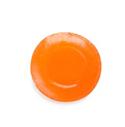 One orange cough drop isolated on white, top view