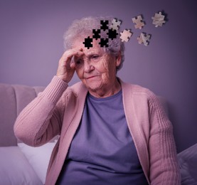Elderly woman suffering from dementia at home. Illustration of head as jigsaw puzzle losing pieces