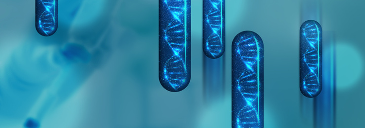 Capsules with DNA molecule on blue background, banner design. Illustration 