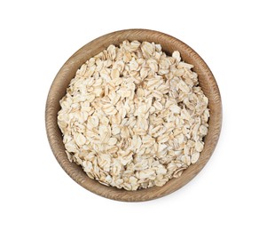 Raw oatmeal in wooden bowl isolated on white, top view