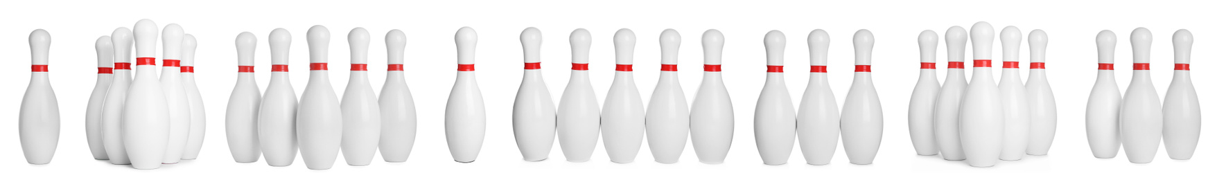 Set of bowling pins with red stripes on white background. Banner design