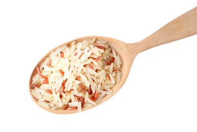 Mix of brown and polished rice in wooden spoon isolated on white, top view