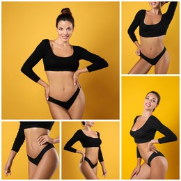 Image of Collage with photos of woman wearing black underwear on yellow background