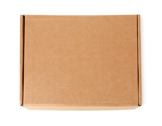 One closed cardboard box isolated on white, top view