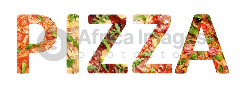 Different tasty pizzas in shape of letters forming word on white background. Banner design