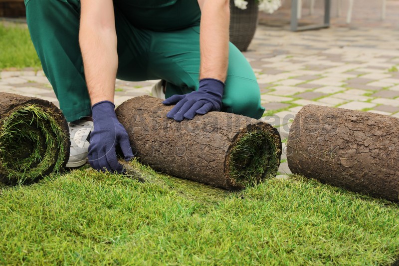 Photo of Worker unrolling grass sods on pavement at backyard, closeup