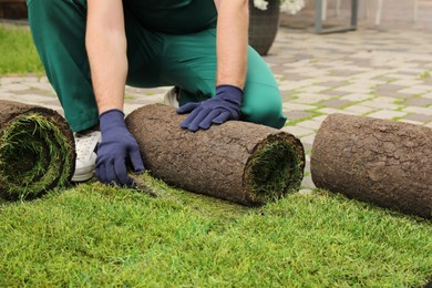Worker unrolling grass sods on pavement at backyard, closeup