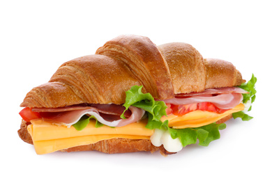 Tasty croissant sandwich with ham and cheese isolated on white