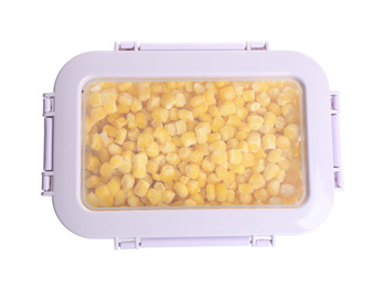 Frozen corn in plastic container isolated on white, top view. Vegetable preservation