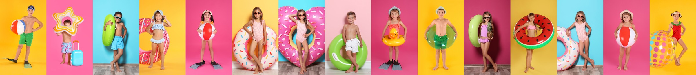 Image of Collage with beautiful photos themed to summer party and vacation. Cute children wearing swimsuits with inflatable rings on different color backgrounds, banner design