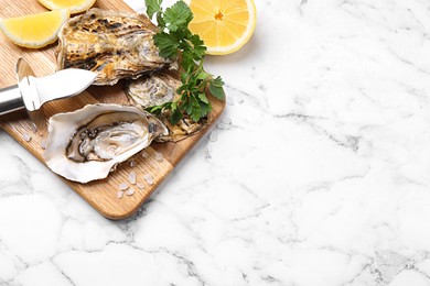 Fresh oysters with lemon, parsley and knife on white marble table, space for text