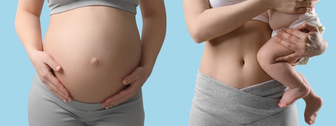 Closeup view of mother with baby and pregnant woman touching her belly on light blue background, collage. Banner design