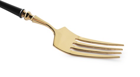Photo of One new golden fork isolated on white