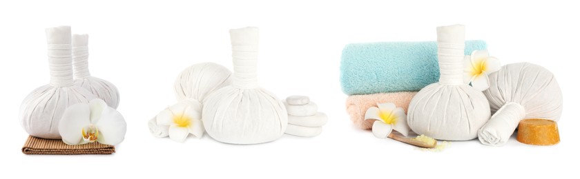 Set with herbal massage bags and different spa supplies on white background. Banner design