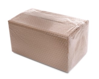 Cardboard box packed in bubble wrap isolated on white