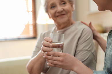 Photo of Young woman giving water to elderly lady indoors, focus on hands with glass. Senior people care
