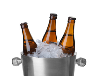 Metal bucket with beer and ice cubes isolated on white