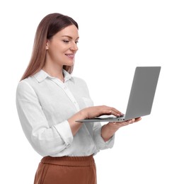 Photo of Beautiful businesswoman with laptop on white background