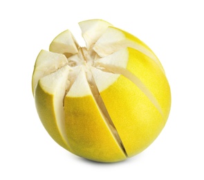 Fresh exotic pomelo with cut peel isolated on white