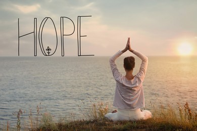 Image of Concept of hope. Woman meditating near sea, back view