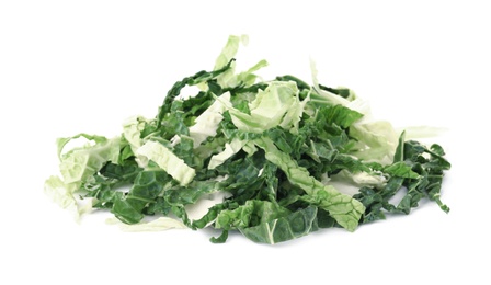 Photo of Pile of shredded savoy cabbage on white background