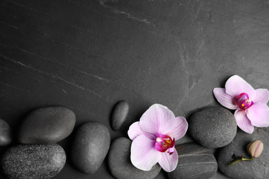 Photo of Stones with orchid flowers and space for text on black  background, flat lay. Zen lifestyle