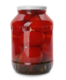 Glass jar with pickled tomatoes isolated on white