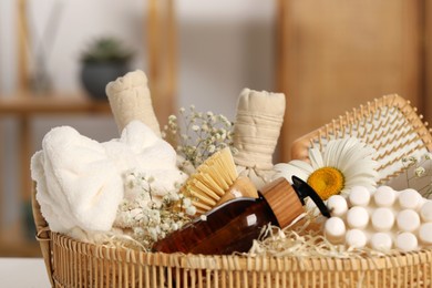 Spa gift set with different products in bathroom, closeup