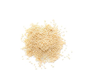Pile of sesame seeds on white background, top view