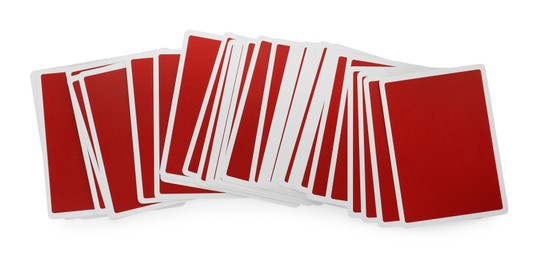 Deck of playing cards isolated on white, top view. Poker game