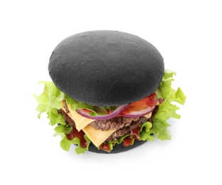 Photo of Tasty unusual black burger isolated on white