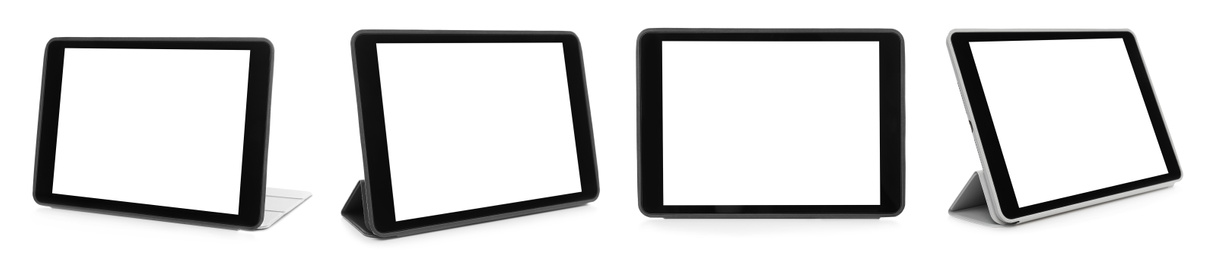 Set of tablet computers on white background, banner design. Space for text