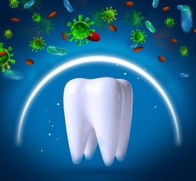 Tooth model with illustration of protective shield and microbes on blue background. Dental care