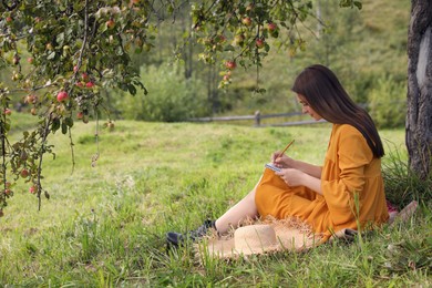 Beautiful young woman drawing with pencil in notepad on green grass near apple tree