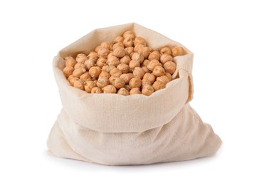 Raw chickpeas in bag on white background