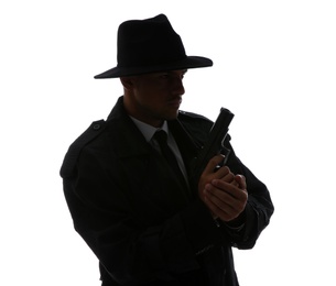 Old fashioned detective with gun on white background
