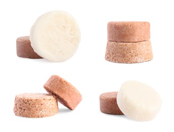 Set with solid shampoo bars on white background. Hair care