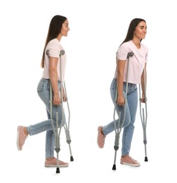 Young woman with axillary crutches on white background, collage 