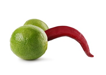Chili pepper and limes symbolizing male sexual organs on white background. Potency problem