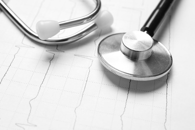 Stethoscope on cardiogram report, closeup view. Heart diagnosis