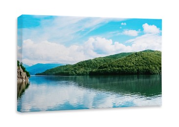 Photo printed on canvas, white background. Picturesque view of beautiful lake surrounded by mountains on sunny day