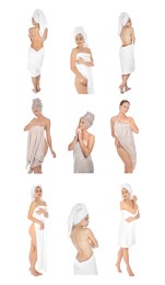 Collage with photos of beautiful women with soft towels on white background. Vertical banner design