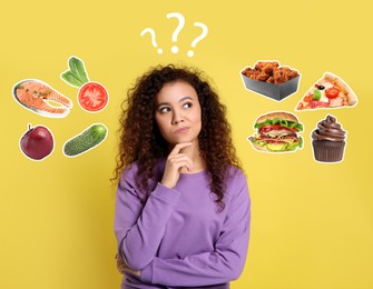 Doubtful African American woman choosing between healthy and unhealthy food on yellow background