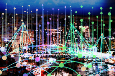 Image of Beautiful cityscape and network connection lines 