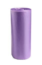 Roll of violet garbage bags on white background. Cleaning supplies