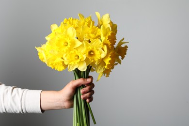 Photo of Woman holding beautiful daffodil bouquet on light grey background, closeup. Space for text